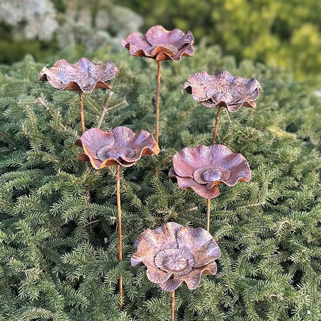 Rusty flowers set of 6, Poppy flowers garden stakes, Metal garden decor, metal yard art, outdoor metal decor, Rusty metal garden decor