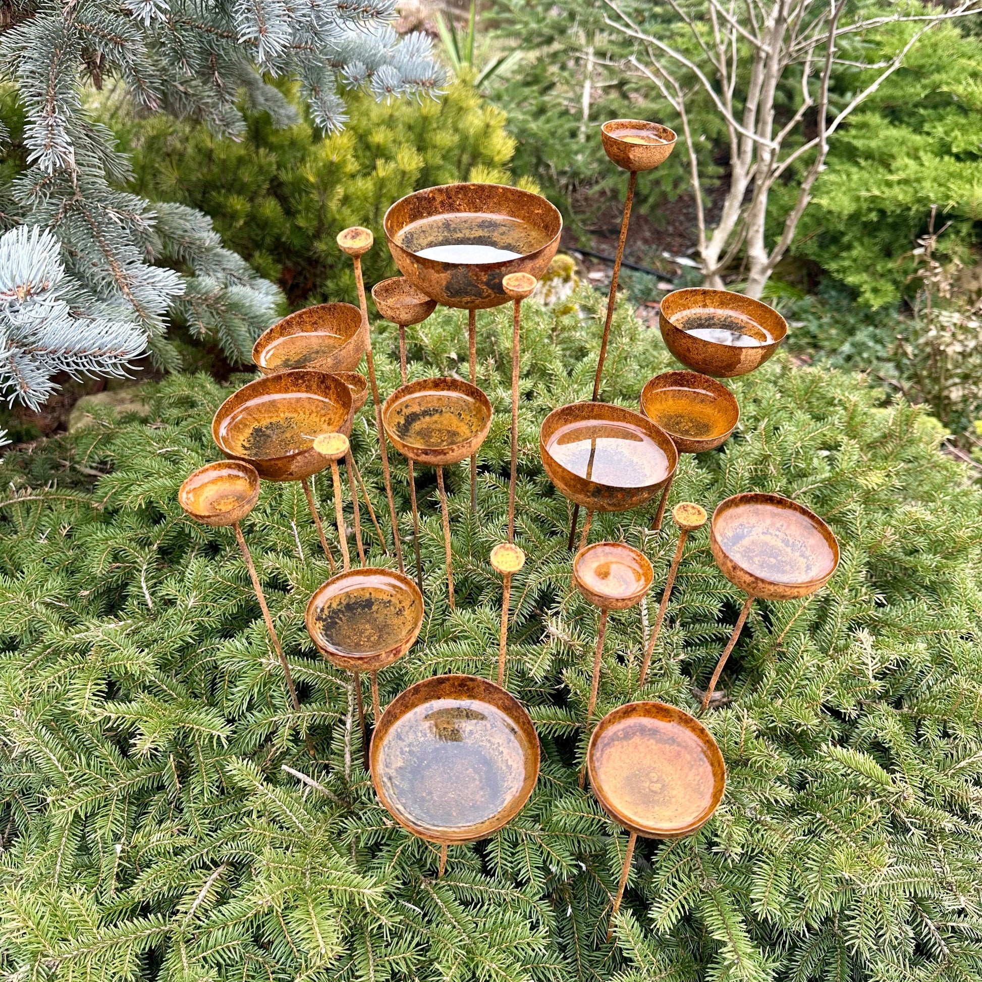 Rusty flowers set of 20, Metal rain catchers, yard art, outdoor metal decor, Rusty metal garden stakes