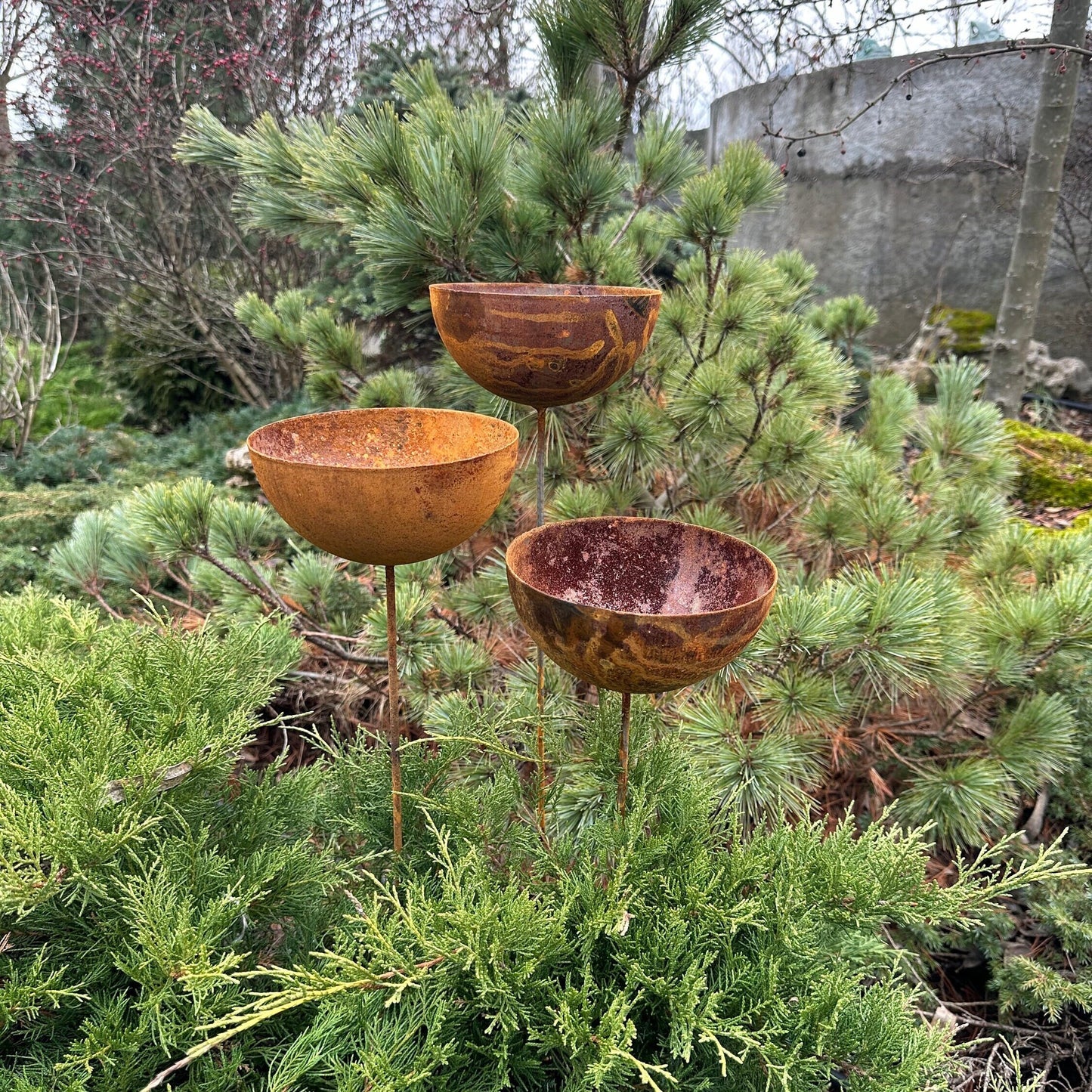 Rusty flower garden stakes, Three 6” Metal rain catchers, Bird bath outdoor garden decor