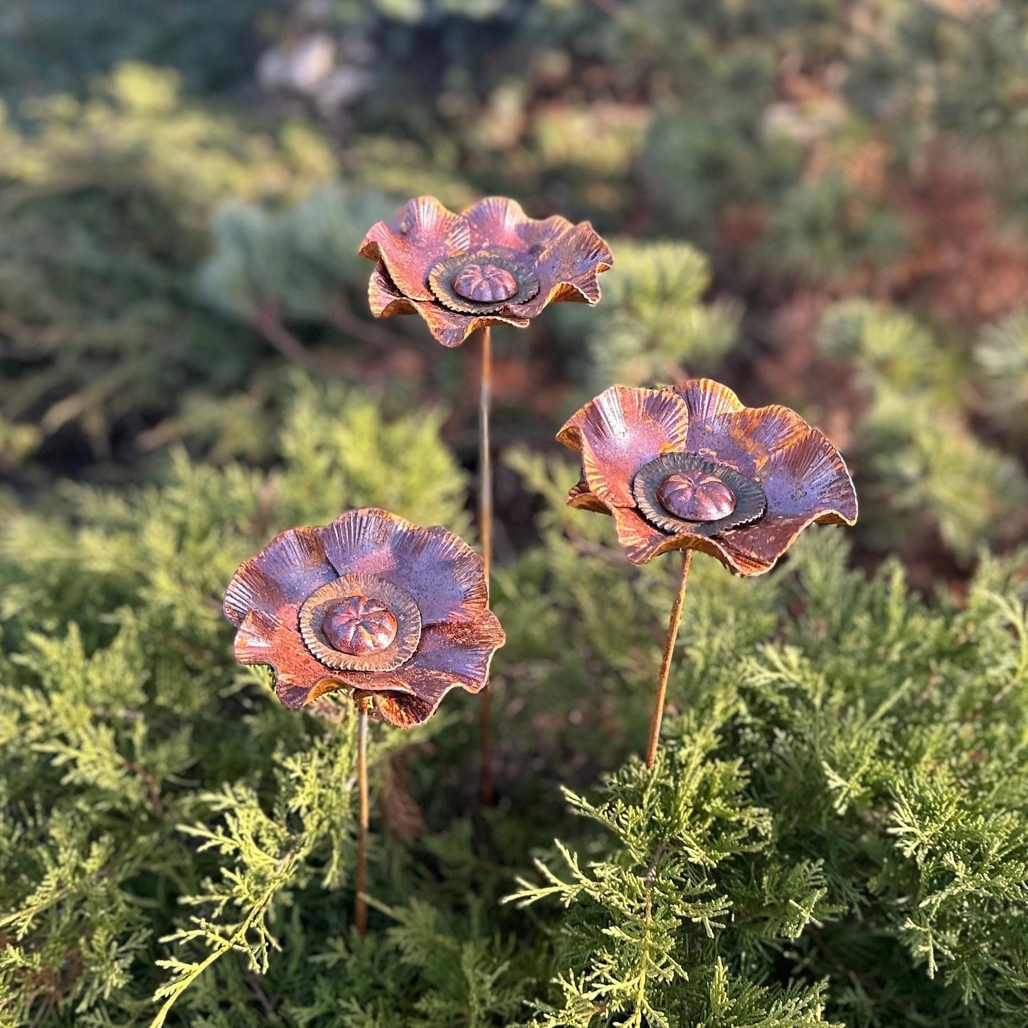 Rusty flowers set of 3, Poppy flowers garden stakes, Metal garden decor, metal yard art, outdoor metal decor, Rusty metal garden decor