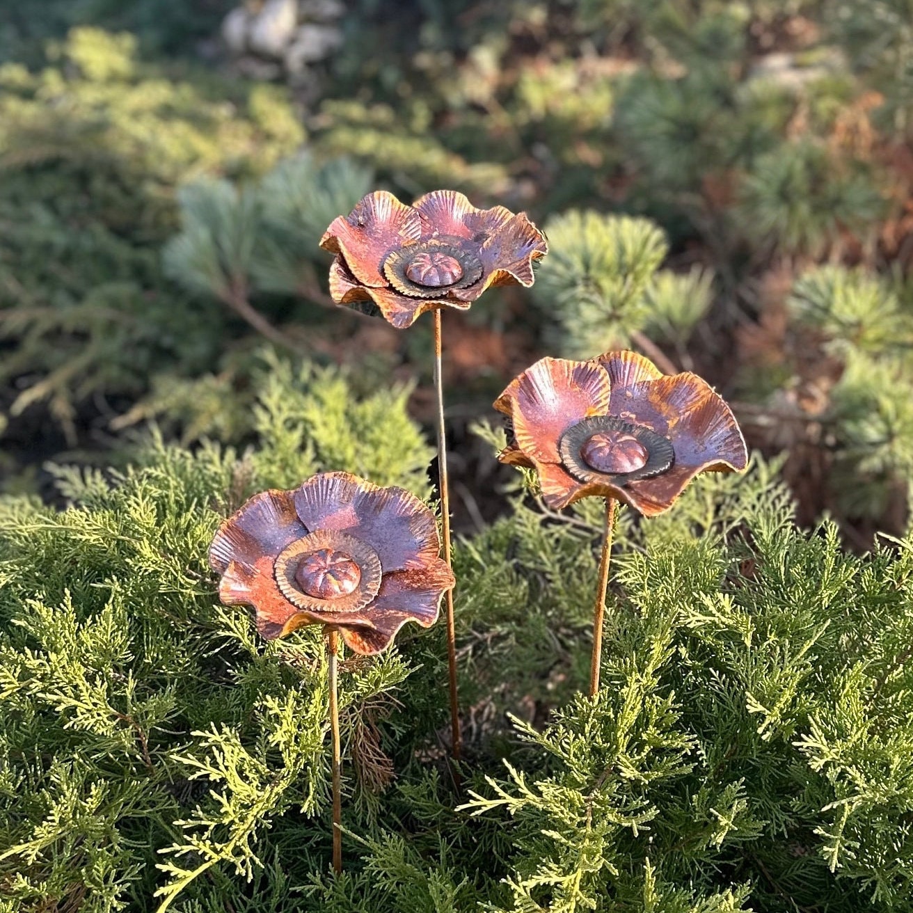 Rusty flowers set of 3, Poppy flowers garden stakes, Metal garden decor, metal yard art, outdoor metal decor, Rusty metal garden decor