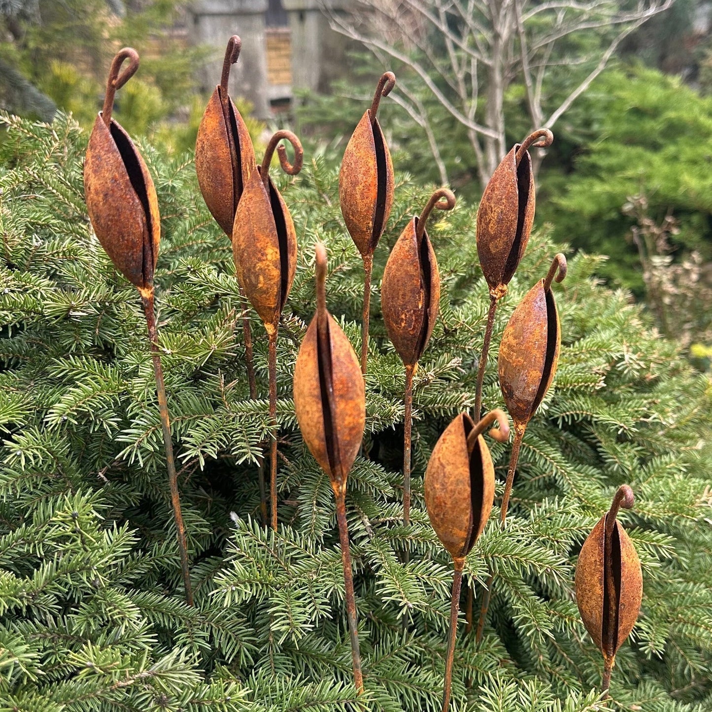 Rusty flowers set of 10, Flowers garden decor, Metal rain catchers, metal yard art, outdoor metal decor, Rusty metal garden decor