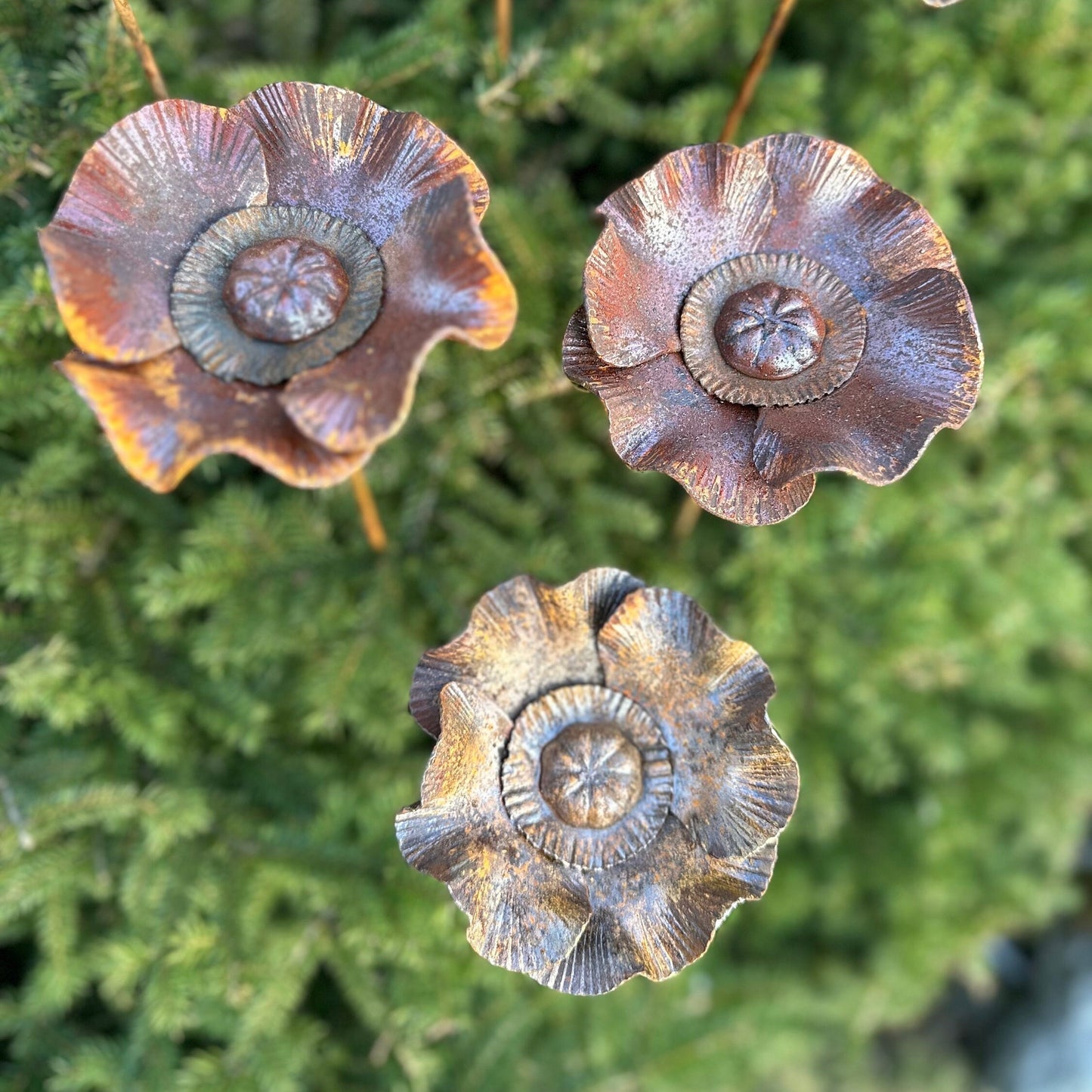 Rusty flowers set of 6, Poppy flowers garden stakes, Metal garden decor, metal yard art, outdoor metal decor, Rusty metal garden decor